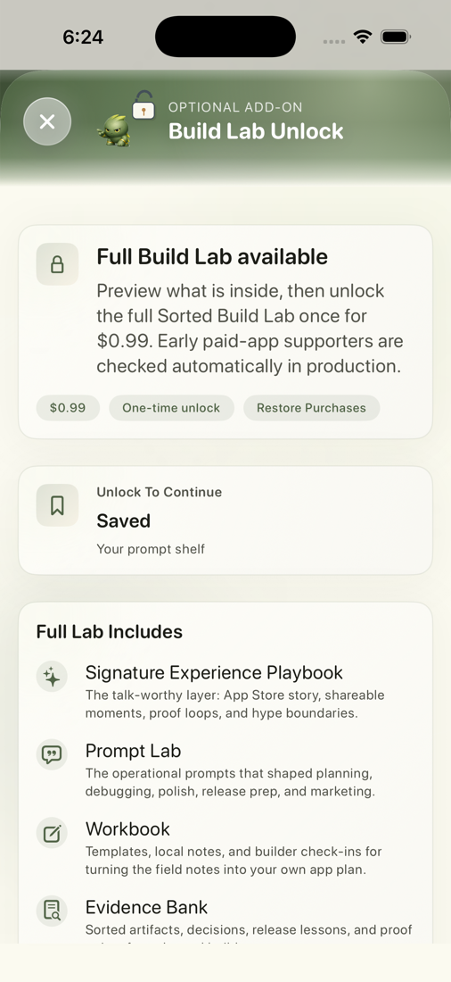 Sorted Build Lab unlock screen