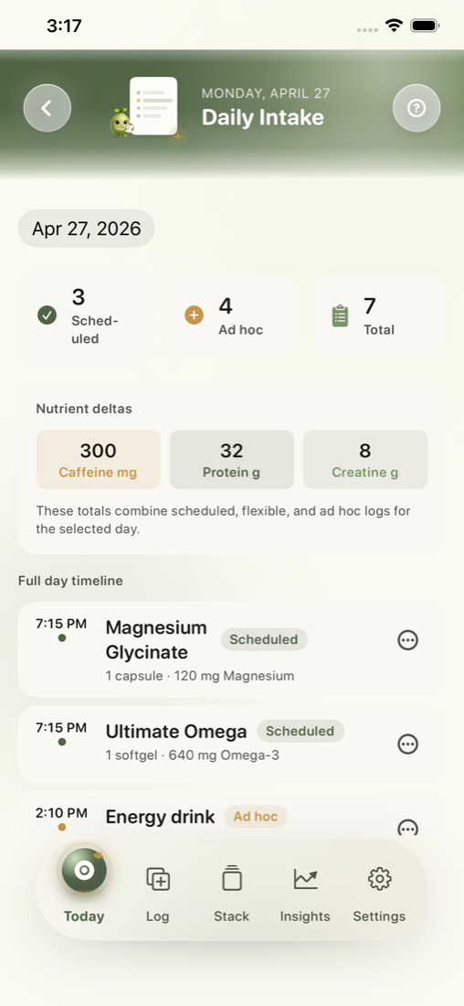 Sorted daily intake ledger screen