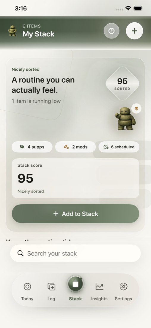 Sorted Stack screen showing organized supplements